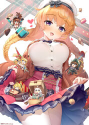  armor blush bow bowtie braid breasts campanella_(last_period) candy character_request chibi chocolate cleavage clothes_lift dragonmaterial fangs food from_below gift head_tilt high-waist_skirt highres large_breasts layered_skirt long_hair looking_at_viewer mini_person minigirl miniskirt multiple_girls open_mouth orange_hair otogi_frontier pleated_skirt purple_eyes skin_fangs skirt skirt_lift smile twin_braids 