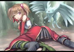  10s 1girl ;o armor ass bare_shoulders blush boots brown_hair child detached_sleeves elbow_gloves fingerless_gloves gloves letterboxed looking_back monster multiple_tails one_eye_closed open_mouth pina_(sao) purple_eyes red_eyes short_twintails silica sword sword_art_online tail tea_(nakenashi) tentacles twintails two_tails weapon wince wings wink  rating:Sensitive score:83 user:danbooru