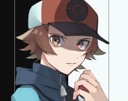  1boy blue_jacket brown_eyes brown_hair closed_mouth commentary_request creatures_(company) game_freak hat hilbert_(pokemon) holding holding_poke_ball jacket looking_at_viewer male_focus nintendo norisukep poke_ball poke_ball_(basic) poke_ball_print pokemon pokemon_bw red_hat short_hair solo upper_body  rating:General score:1 user:danbooru