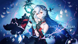  1girl arknights blue_background bubble chinese_commentary clothing_cutout commentary_request dress gloves gradient_background green_gloves grey_hair highres holding holding_staff light_smile long_hair looking_at_viewer nanxianyiduan no_headwear parted_lips red_dress red_eyes skadi_(arknights) skadi_the_corrupting_heart_(arknights) sleeveless sleeveless_dress solo staff stomach_cutout tropical_fish underwater upper_body watermark 