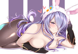 1girl animal_ear_fluff animal_ears black_gloves black_pantyhose blush breasts camilla_(fire_emblem) camilla_(spring)_(fire_emblem) cleavage closed_mouth detached_collar fake_animal_ears fire_emblem fire_emblem_fates fire_emblem_heroes gloves hair_over_one_eye heart jiino large_breasts leotard light_purple_hair long_hair looking_at_viewer lying nintendo official_alternate_costume on_side pantyhose playboy_bunny purple_background purple_eyes rabbit_ears rabbit_tail skin_tight smile solo tail topless two-tone_background white_background rating:Questionable score:30 user:danbooru
