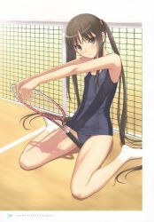  1girl absurdres blush brown_hair cameltoe crotch_rub fault!! feet female_masturbation flat_chest highres kneeling loli long_hair looking_at_viewer masturbation nipples no_shoes one-piece_swimsuit outdoors racket rubbing scan school_swimsuit socks solo sugiyama_mio swimsuit tennis_court tennis_racket tony_taka very_long_hair  rating:Explicit score:64 user:Lolilingus