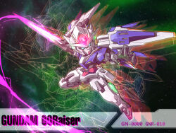  00_gundam 00_raiser afterimage blue_eyes character_name chibi commentary english_commentary english_text full_body glowing gundam gundam_00 highres holding holding_sword holding_weapon kingofdraw light_particles mecha mobile_suit no_humans robot sd_gundam slashing solo sword trans-am v-fin weapon 