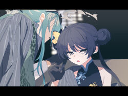 2girls bare_arms black_dress black_gloves blue_archive blue_eyes blue_hair butterfly_hair_ornament china_dress chinese_clothes coat double_bun dress eyewear_on_head gloves grey_coat grey_eyes grey_halo hair_bun hair_ornament halo kisaki_(blue_archive) letterboxed long_hair mina_(blue_archive) multiple_girls open_mouth sidelocks sitting sunglasses the_godfather twintails very_long_hair whispering xity