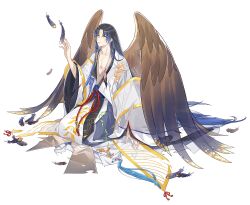  1boy black_hair blood blood_from_mouth blood_on_clothes blood_on_face blue_hair blue_sash braid broken brown_wings chinese_clothes collarbone colored_tips cuts expressionless facial_mark feathered_wings feathers forehead_mark full_body grey_robe hair_ornament hair_over_shoulder hand_up hanfu highres injury long_hair long_sleeves looking_at_object male_focus multicolored_hair parted_bangs parted_lips robe rope_belt ruru_(lulubuu) sash see-through see-through_shawl seiza shawl side_braid simple_background sitting solo swallow_bun_(the_tale_of_food) tassel tassel_hair_ornament the_tale_of_food torn_clothes very_long_hair white_background wide_sleeves wings yaopei yellow_eyes 