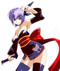  1girl armpits ayane_(doa) bow breasts cleavage dead_or_alive detached_sleeves face headband panties purple_hair red_eyes sfix short_hair solo sword takase_hironori tecmo thighhighs underwear weapon 