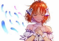  1girl brightest_melody closed_eyes closed_mouth collarbone detached_sleeves diadem facing_viewer love_live! love_live!_school_idol_festival love_live!_sunshine!! ojyomu orange_hair own_hands_together short_hair short_sleeves simple_background smile solo takami_chika tears upper_body white_background white_sleeves  rating:Sensitive score:2 user:danbooru