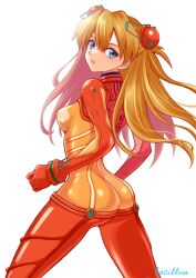  1girl artist_name ass ass_focus bacillus blue_eyes blush bodysuit breasts brown_hair butt_crack cowboy_shot embarrassed evangelion:_2.0_you_can_(not)_advance hair_between_eyes hair_ornament huge_ass interface_headset legs_apart long_hair looking_at_viewer looking_back medium_breasts neon_genesis_evangelion plugsuit rebuild_of_evangelion red_bodysuit see-through see-through_bodysuit shiny_clothes simple_background solo souryuu_asuka_langley test_plugsuit two_side_up very_long_hair white_background wide_hips 