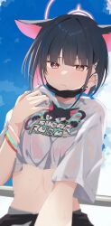  1girl absurdres animal_ears black_hair blue_archive blue_sky cat_ears closed_mouth colored_inner_hair earrings extra_ears halo highres jewelry kazusa_(band)_(blue_archive) kazusa_(blue_archive) kumoi_sora looking_at_viewer mask_pull midriff multicolored_hair pink_hair pink_halo red_eyes selfie shirt short_hair short_sleeves sky solo stud_earrings two-tone_hair wet wet_clothes wet_shirt white_shirt 