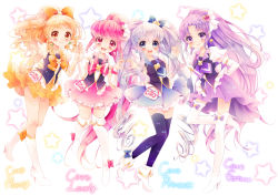  10s 4girls aino_megumi blonde_hair blue_eyes blue_skirt blue_thighhighs blush boots bow brooch character_name crown cure_fortune cure_honey cure_lovely cure_princess hair_ornament happinesscharge_precure! heart heart_brooch heart_hair_ornament heart_hands heart_hands_duo high_heel_boots high_heels highres hikawa_iona long_hair looking_at_viewer magical_girl multiple_girls oomori_yuuko open_mouth pink_bow pink_eyes pink_hair pink_skirt ponytail precure purple_eyes purple_hair purple_skirt shirayuki_hime skirt smile star_(symbol) thigh_boots thighhighs twintails uzuki_aki very_long_hair white_background white_legwear wide_ponytail yellow_eyes yellow_skirt  rating:Sensitive score:9 user:danbooru