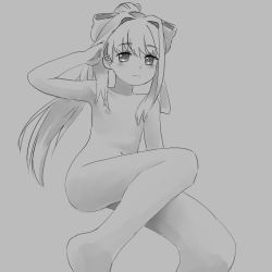  1girl blush bow collarbone hair_bow hand_in_own_hair loli long_hair looking_at_viewer monika_(doki_doki_literature_club) monochrome navel nipples nude pettankon ponytail sitting solo  rating:Explicit score:62 user:lolianon2