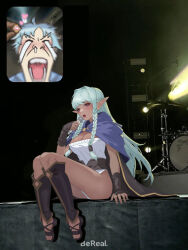  1boy 1girl alain_(unicorn_overlord) black_cape blue_hair braid breasts cape capelet cleavage closed_eyes commentary_request crying dark-skinned_female dark_elf dark_skin elf fan_screaming_at_madison_beer_(meme) gold_trim green_hair heart highleg highleg_leotard highres holding holding_microphone leotard long_hair medium_breasts meme microphone music open_mouth pointy_ears purple_capelet purple_eyes puyoakira rosalinde_(unicorn_overlord) sandals short_hair singing sitting teeth toes twin_braids unicorn_overlord white_leotard 