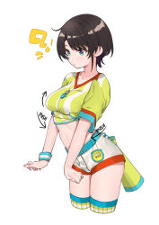  1girl ? absurdres arrow_(symbol) black_hair blue_eyes breasts breasts_squeezed_together closed_mouth commentary cropped_legs english_commentary english_text highres hololive light_blush medium_breasts megaphone oozora_subaru oozora_subaru_(1st_costume) seiji_kimoti shirt short_hair short_shorts short_sleeves shorts simple_background solo stopwatch striped_clothes striped_shirt sweatband thighhighs tied_shirt v-neck vertical-striped_clothes vertical-striped_shirt virtual_youtuber watch whistle whistle_around_neck white_background white_shorts wristband 