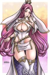  1girl bracelet braid breasts cleavage cleavage_cutout closed_mouth clothing_cutout cowboy_shot dress fire_emblem fire_emblem_heroes gold_trim hand_on_own_cheek hand_on_own_face highres jewelry kalesklok large_breasts loki_(fire_emblem) loki_(trickster_god)_(fire_emblem) long_hair looking_at_viewer nintendo official_alternate_costume pelvic_curtain purple_eyes purple_hair smile solo thighhighs very_long_hair waist_cape white_dress white_thighhighs 