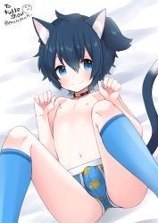 1boy absurdres animal_ear_fluff animal_ears blue_eyes blue_hair blue_male_underwear blush briefs bulge cat_boy cat_ears cat_tail choker commission highres indie_virtual_youtuber looking_at_viewer lying male_focus male_underwear navel nipples on_back on_bed one_side_up original paw_pose paw_print paw_print_pattern pocchipocchi print_male_underwear shota smile socks solo tail topless_male twitter_username underwear underwear_only virtual_youtuber yukke_shou rating:Explicit score:166 user:ponekad