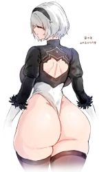 1girl 2021 ass ass_focus backless_outfit black_blindfold black_hairband black_thighhighs blindfold breasts gloves hairband highleg highleg_leotard highres huge_ass large_breasts leotard nier_(series) nier:automata simple_background skindentation thick_thighs thighhighs thighs thong_leotard white_background white_leotard wide_hips xiangzi_box 2b_(nier:automata)  rating:Sensitive score:150 user:Holdencfield