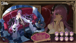  1girl absurdly_long_hair azur_lane bare_shoulders black_footwear black_leotard black_pantyhose blue_eyes blush bottle closed_eyes commentary copyright_name copyright_notice couch cup drinking_glass english_commentary expressions highres leotard long_hair looking_at_viewer official_art on_couch pantyhose purple_hair second-party_source sitting solo table tashkent_(azur_lane) tashkent_(the_sprite&#039;s_snapshot)_(azur_lane) very_long_hair wine_bottle wine_glass zoom_layer 