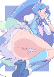 1girl anus ascot ass big_hair blue_ascot blue_background blue_dress blue_footwear boots border brooch cleft_of_venus closed_mouth commentary cure_fontaine dress earrings floating from_side gloves hand_in_own_hair healin&#039;_good_precure high_collar high_heel_boots high_heels highres jewelry legs legs_up long_hair looking_at_viewer looking_back magical_girl miyagoe_yoshitsuki no_panties outside_border precure puffy_short_sleeves puffy_sleeves pussy sawaizumi_chiyu short_dress short_sleeves smile solo swept_bangs tiara very_long_hair white_border white_gloves white_headwear rating:Explicit score:46 user:danbooru