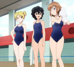  3girls ahoge amano_onsa bakuon!! bare_shoulders black_eyes black_hair blonde_hair blue_eyes breasts closed_mouth collarbone day double_bun drying drying_hair female_focus hair_bun hand_on_own_hip highres holding holding_towel indoors knees legs medium_breasts medium_hair multiple_girls navel one-piece_swimsuit open_mouth red_hair sakura_hane school_swimsuit small_breasts standing stitched suzunoki_rin swimsuit thighs third-party_edit towel window yellow_eyes  rating:General score:16 user:Vampire10