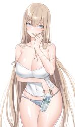  1girl absurdres arm_under_breasts bare_shoulders blonde_hair bottle breast_tattoo breasts collarbone covered_navel double_strap_slip grey_eyes grey_panties head_tilt highres holding holding_bottle large_breasts long_hair looking_at_viewer original panties parted_lips raku_(clearpage) simple_background solo spaghetti_strap star_tattoo strap_slip tank_top tattoo underwear very_long_hair water_bottle white_background white_tank_top 