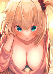 1girl akai_haato aqua_eyes blonde_hair blue_shorts blush breasts commentary_request downblouse extended_downblouse foreshortening hair_between_eyes hair_ornament hair_ribbon hand_in_own_hair hand_up hanging_breasts heart heart_hair_ornament heart_in_eye highres hololive large_breasts long_hair long_sleeves looking_at_viewer magowasabi one_side_up pink_sweater red_ribbon ribbon short_shorts shorts smile solo sweater symbol_in_eye virtual_youtuber rating:Questionable score:84 user:danbooru