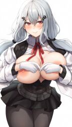  1girl afro2200 black_cardigan black_pantyhose black_skirt blush breasts breasts_out cardigan closed_mouth collared_shirt covering_privates covering_breasts gloves grey_hair hair_between_eyes hair_ornament hairclip hakase_fuyuki hakase_fuyuki_(1st_costume) highres jacket lab_coat large_breasts long_hair long_sleeves looking_at_viewer low_twintails miniskirt nijisanji nipples no_bra open_clothes open_jacket pantyhose pi_(math) pleated_skirt red_eyes red_ribbon ribbon shirt simple_background skirt smile solo twintails virtual_youtuber white_background white_gloves white_jacket white_shirt 