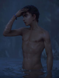  1boy abs absurdres beitemian black_hair bracelet hand_on_own_head highres jewelry life_is_strange male_focus navel nipples nude parted_lips partially_submerged pectorals sean_diaz short_hair solo toned toned_male water wet wet_hair  rating:Sensitive score:63 user:danbooru