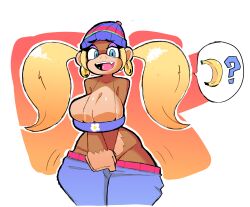  1girl ape beanie blonde_hair blue_hair breasts cleavage curvy donkey_kong_(series) earrings eks-out fangs hat highres hip_bones hoop_earrings jewelry large_breasts long_hair midriff monkey_girl nintendo open_mouth shiny_skin shirt sidelocks smile spaghetti_strap tight_clothes tight_shirt tiny_kong twintails very_long_hair wide_hips  rating:Questionable score:21 user:Ggastino338