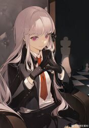  1girl absurdres armchair artist_name black_gloves black_jacket black_skirt blunt_bangs buttoned_cuffs buttons chair checkered_floor chess_piece chessboard chongzhen_085 chromatic_aberration closed_mouth collared_jacket collared_shirt cowboy_shot danganronpa:_trigger_happy_havoc danganronpa_(series) elbow_rest gloves grey_hair hair_between_eyes hands_up highres indoors jacket kirigiri_kyoko long_sleeves looking_at_viewer miniskirt necktie on_chair open_clothes open_jacket own_hands_together pink_eyes pleated_skirt red_necktie shirt sidelocks sitting skirt smile solo steepled_fingers suit_jacket throne white_shirt 