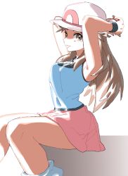  1girl ankea_(a-ramo-do) armpits arms_behind_head arms_up blue_shirt blue_socks breasts brown_eyes brown_hair closed_mouth creatures_(company) female_focus from_side game_freak hat holding holding_poke_ball leaf_(pokemon) long_hair matching_hair/eyes miniskirt nintendo poke_ball poke_ball_(basic) pokemon pokemon_frlg red_skirt shirt simple_background sitting skirt sleeveless sleeveless_shirt small_breasts smile socks solo white_background white_hat wristband  rating:Sensitive score:24 user:AngryZapdos