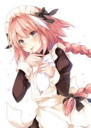 1boy alternate_costume apron astolfo_(fate) black_bow blush bow braid commentary dutch_angle fang fate/apocrypha fate_(series) food food_on_face frills gomano_rio hair_bow hair_intakes heart highres icing juliet_sleeves licking licking_finger light_smile long_hair long_sleeves looking_at_viewer maid_headdress male_focus multicolored_hair pink_hair puffy_sleeves purple_eyes single_braid solo streaked_hair tongue trap white_background wrist_cuffs rating:Sensitive score:14 user:danbooru