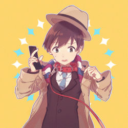 10s 1boy akadaidai blue_necktie brown_eyes brown_hair cellphone coat collar confused flip_phone jacket leash looking_down male_focus matching_hair/eyes moritsuka_shun necktie occultic;nine open_mouth oversized_clothes phone simple_background solo suit_jacket sweatdrop trench_coat upper_body yellow_background rating:Sensitive score:2 user:danbooru