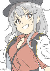  1girl black_hat fubupula gangut_(kancolle) gangut_dva_(kancolle) grey_hair grin hat highres jacket jacket_on_shoulders kantai_collection open_clothes open_jacket peaked_cap red_eyes red_shirt scar scar_on_face shirt simple_background smile solo upper_body white_background white_jacket 