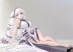  1girl :o arm_support armpit_crease azur_lane bare_shoulders barefoot black_necktie black_sailor_collar breasts bridal_gauntlets choker clothing_cutout commentary_request dress feet formidable_(azur_lane) formidable_(timeless_classics)_(azur_lane) grey_background grey_hair highres kotto-koto large_breasts legs long_hair lying navel navel_cutout necktie official_alternate_costume on_side open_mouth purple_eyes reclining ribbon_choker sailor_collar see-through see-through_sleeves shoes simple_background sleeveless sleeveless_dress solo thighs toes twintails unworn_shoes very_long_hair white_dress  rating:Sensitive score:5 user:danbooru