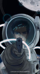  1boy astronaut blue_eyes chinese_commentary close-up commentary_request copyright_notice earth_(planet) english_text expressionless gun handgun helmet highres in_orbit looking_at_viewer male_focus mieheal-c moon planet pointing_gun reflection remembrance_of_earth&#039;s_past short_hair solo sophon space space_helmet spacesuit spoilers upper_body weapon zhang_beihai 
