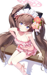  1girl absurdres alternate_costume animal_ears bikini blue_archive blush breasts brown_hair choker cleavage closed_mouth collarbone commentary fake_animal_ears flower frilled_bikini frills hair_flower hair_ornament halo highres long_hair looking_at_viewer maid_headdress navel pink_bikini pink_choker shizuko_(blue_archive) shizuko_(swimsuit)_(blue_archive) sitting small_breasts smile swimsuit yamada_auto 