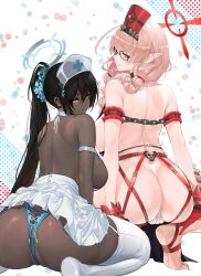  2girls absurdres anus anus_peek ass back blue_archive blush breasts butt_crack chinatsu_(blue_archive) commentary dark-skinned_female dark_skin dishwasher1910 glasses halo highres karin_(blue_archive) large_breasts light_brown_hair long_hair looking_at_viewer multiple_girls pointy_ears squatting thighhighs 