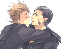  2boys arm_around_neck black_coat black_coat_(kingdom_hearts) black_gloves black_hair black_hood blush brown_hair closed_eyes coat commentary_request demyx eyepatch facing_to_the_side gloves hand_on_another&#039;s_chin hood hood_down hooded_coat imminent_kiss kingdom_hearts kingdom_hearts_ii long_hair long_sleeves looking_at_another low_ponytail male_focus minatoya_mozuku multicolored_hair multiple_boys parted_lips pointy_ears simple_background spiked_hair streaked_hair sweatdrop upper_body white_background xigbar yaoi yellow_eyes 