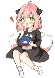 1girl :o absurdres anya_(spy_x_family) black_dress blush child dress eating female_focus full_body green_eyes hairpods highres looking_at_viewer medium_hair open_mouth pink_hair simple_background sitting solo spy_x_family utashima white_background  rating:General score:7 user:An80
