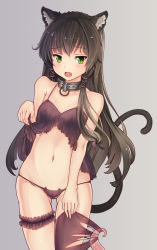  10s 1girl animal_ear_fluff animal_ears black_hair black_panties blush breasts bridal_garter cat_ears cat_lingerie cat_tail clothes_lift collar cowboy_shot fang flat_chest gluteal_fold green_eyes hair_between_eyes highres isekai_maou_to_shoukan_shoujo_no_dorei_majutsu lifting_own_clothes long_hair looking_at_viewer meme_attire metal_collar navel open_mouth panties pantyhose rem_galleu rhineheim shirt_lift sidelocks skindentation small_breasts solo standing tail tentacles thigh_gap thigh_strap torn_clothes torn_pantyhose underwear underwear_only  rating:Questionable score:85 user:danbooru