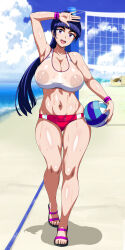  1girl :d absurdres armpits bare_shoulders beach beach_volleyball blue_hair blue_sky blunt_bangs breasts buruma cleavage cloud day ebino_mei full_body hatsukoi_zombie highres large_breasts long_hair muimui navel nipples open_mouth outdoors ponytail purple_eyes sandals see-through sky smile solo sweat volleyball_net wristband 