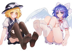  2girls :o absurdres ahoge ailu_elf angel_wings black_skirt black_thighhighs black_vest blonde_hair blue_eyes blue_hair blush bobby_socks bow commentary_request embarrassed feathers fedora feet foot_focus hair_bow hat hat_bow highres mai_(touhou) messy_hair multiple_girls neck_ribbon panties parted_lips puffy_short_sleeves puffy_sleeves red_ribbon ribbon shirt short_hair short_sleeves simple_background sitting skirt skirt_set socks soles thighhighs toes touhou touhou_(pc-98) undershirt underwear vest waist_bow white_background white_bow white_panties white_shirt white_skirt white_socks white_wings wings yellow_eyes yuki_(touhou) 