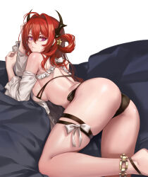 1girl absurdres ahoge ankle_strap arknights ass bare_shoulders bikini black_bikini bow breasts chain closed_mouth detached_sleeves expressionless foot_out_of_frame from_behind hair_between_eyes hair_intakes hair_ornament hair_rings hand_on_own_head head_rest highres horns kibellin large_breasts long_hair looking_at_viewer lying median_furrow official_alternate_costume on_stomach purple_eyes red_hair side-tie_bikini_bottom solo star_(symbol) star_hair_ornament surtr_(arknights) surtr_(colorful_wonderland)_(arknights) sweat swimsuit thigh_bow thigh_strap thighs white_bow 