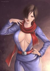  1girl belt breasts brown_eyes brown_hair carla_radames earrings hair_over_one_eye hand_on_own_hip hip_focus jewelry large_breasts lipstick makeup red_scarf resident_evil resident_evil_6 scarf short_hair solo vasily_(run211)  rating:Sensitive score:58 user:spiderfan