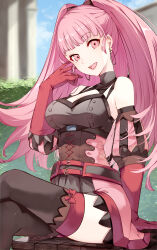  1girl :d absurdres bare_shoulders belt black_thighhighs blue_sky breasts bush corset crossed_legs earrings elbow_gloves fire_emblem fire_emblem:_three_houses gloves hand_up highres hilda_valentine_goneril hoop_earrings jewelry large_breasts long_hair looking_at_viewer nintendo open_mouth pink_eyes pink_hair red_belt red_gloves risumi_(taka-fallcherryblossom) sitting skirt sky smile solo thighhighs twintails very_long_hair  rating:Sensitive score:8 user:danbooru
