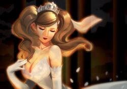  1girl bare_shoulders blonde_hair breasts cleavage closed_eyes closed_mouth collarbone commentary dress earrings eightyfourart elbow_gloves english_commentary eyelashes glint gloves hair_ornament hairclip highres jewelry large_breasts long_hair persona persona_5 red_lips solo stud_earrings takamaki_anne tiara twintails upper_body wavy_hair wedding_dress white_dress white_gloves 