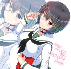  1girl black_choker black_hair blush breasts brown_eyes character_name choker closed_mouth dated girls_und_panzer happy_birthday highres kawashima_momo kumaisao large_breasts looking_at_viewer monocle ooarai_school_uniform school_uniform short_hair simple_background smile solo upper_body white_background 