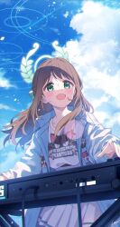  1girl :d airi_(band)_(blue_archive) blue_archive blue_jacket blue_sky blurry bow brown_hair cloud cloudy_sky commentary_request depth_of_field green_eyes hair_bow hair_ribbon halo highres ima_(lm_ew) instrument jacket keyboard_(instrument) long_hair long_sleeves looking_at_viewer music official_alternate_costume official_alternate_hairstyle open_clothes open_jacket open_mouth outdoors parted_bangs playing_instrument pleated_skirt print_shirt ribbon shirt sidelocks skirt sky smile solo sweat t-shirt white_shirt white_skirt 