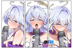  1girl absurdres bare_shoulders blush bonz_(bonz0616) commentary drooling english_commentary fellatio halo head_wings highres holding holding_microphone honkai:_star_rail honkai_(series) licking long_hair looking_at_viewer microphone object_kiss oral robin_(honkai:_star_rail) saliva sexually_suggestive simulated_fellatio solo sweat tongue tongue_out very_long_hair wings 