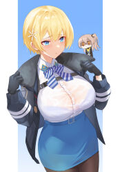  2girls absurdres black_gloves black_jacket black_pantyhose blonde_hair blue_background blue_bow blue_bowtie blue_eyes blue_skirt blush bow bowtie bra breast_envy breasts brown_hair chibi closed_mouth collared_shirt commentary_request fur-trimmed_jacket fur_trim girls&#039;_frontline gloves hair_between_eyes hair_ornament highres jacket lord-erica multiple_girls one_side_up open_clothes open_jacket orange_eyes pantyhose partially_shaded_face pencil_skirt scar scar_across_eye shirt short_hair simple_background skirt snowflake_hair_ornament striped_bow striped_bowtie striped_clothes two-tone_background two-tone_bowtie ump45_(girls&#039;_frontline) underwear vsk-94_(girls&#039;_frontline) wet wet_clothes wet_shirt white_background white_bow white_bowtie white_shirt 